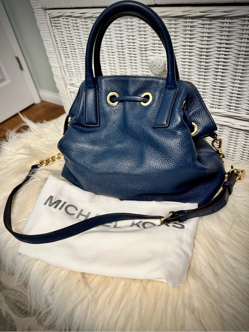 Michael Kors Navy Leather Satchel with Tassel and MK Charm - Picture 3 of 8